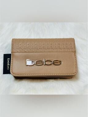 Bebe Zuri Crossbody Purse Almond Tan Monogram Embossed Chain Strap Bag